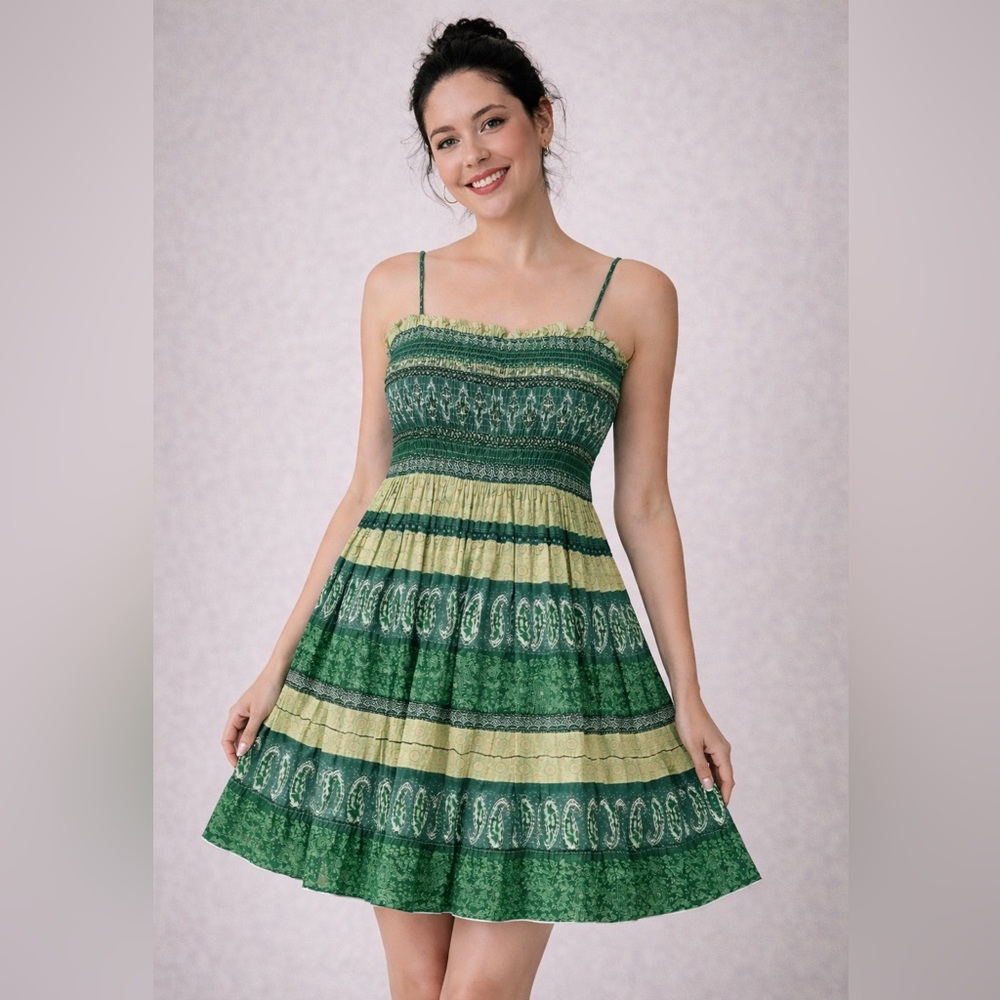 Pink Apple Green Boho Sundress Smocked Bodice Spaghetti Straps Size 3X